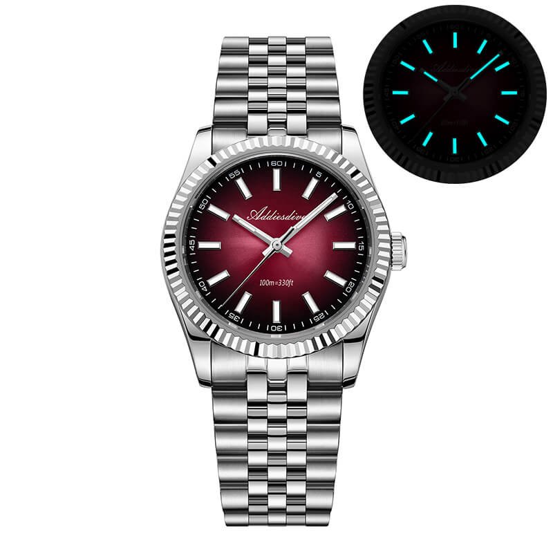ADDIESDIVE AD2073 Herrenuhr mit rotem Zifferblatt, Saphirglas und Edelstahlgehäuse – Nahaufnahme